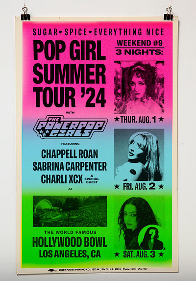 Pop Girl Summer Tour Poster band poster chappell roan charli xcx colby poster concert art concert poster design graphic design music artist pop girl summer pop music pop singer poster design sabrina carpenter vintage poster