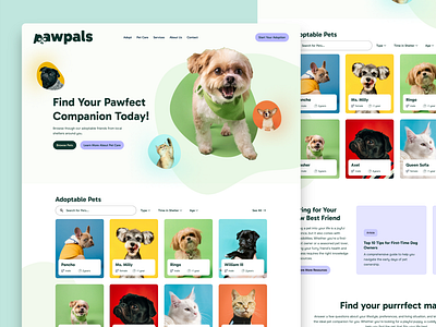 UI Landing page for Pet Adoption adoption branding cards design dog dog adoption friendly graphic design illustration layout logo paws pet adoption pets profile cards ui ui designer vector