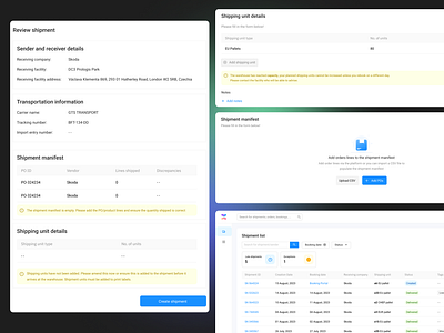 Sender portal booking creation icons manifest portal receiver sender shipment table transport ui units