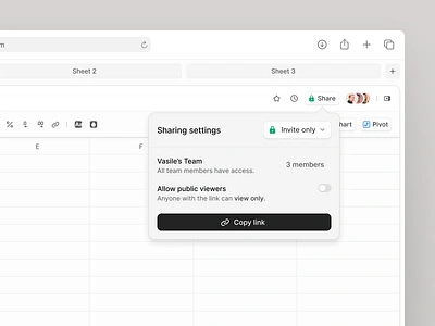 Spreadsheet sharing options design dashboard excel interface invite members mobile modal popup product design sharing spreadsheet table team toggle ui ux web design