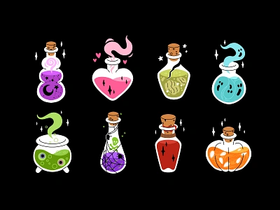 Magic potion set bottle cartoon concept design flat halloween illustration magic potion vector witch