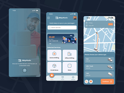ShipMatic : Fast & Secure Delivery b2c courier delivery of goods delivery person delivery van driver hand to hand delivery logistics mobile app movers notification order package parcel pickup secure payment shipper taxi transportation vehicles