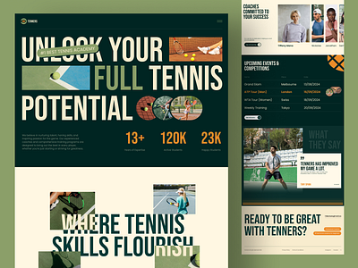 Tenners - Tennis Academy Website Exploration athlete bold branding clean design desktop hero section homepage illustration landing page photography schedule section sport stats tennis typography ui ux website