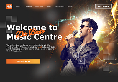 Main screen for music school animation banner branding dark digital education gradient homepage landing page logo music orange product design social media startup ui ui design visual identity web design website