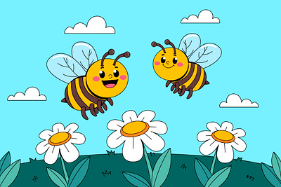 Bees and flowers animal bee cartoon character colorful cute design flower graphic design grass illustration landscape leaf nature