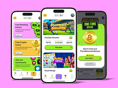 Mobile Esports: Earn Bitcoin - Tournament, Offer Modal, Gifts app bitcoin bonus bright button cards claim crypto earn esports gaming gifts green mobile neon offer pink play ranking tournament