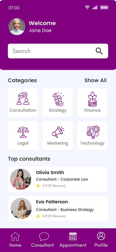 Consultancy Appointment Booking App Mobile - Prototype graphic design