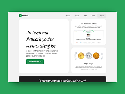 Hero Section for Peerlist (Bento Version) challenge daily dailydesignchallenge dailyui design green hero landing page peerlist typography ui ux vector website