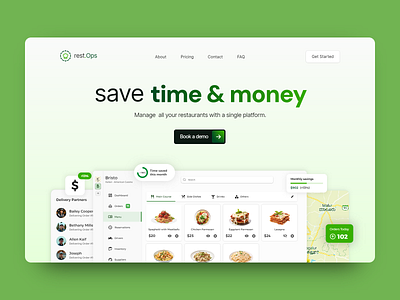 Landing Page for Restaurant Management Company branding challenge daily dailydesignchallenge dailyui design green hero landing logo manager operation page restaurant section ui ux website