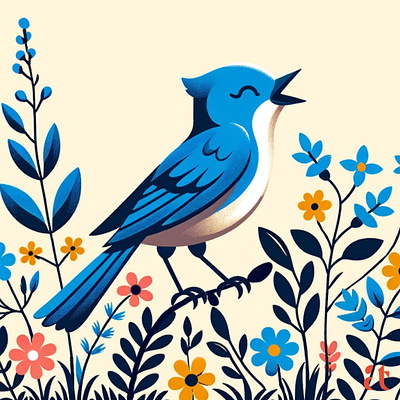 Joyful Bluebird by Aravind Reddy Tarugu aravind art bird bluebird clean lines colorful design digital art flat colors floral folk art illustration joyful nature reddy simplified tarugu vector whimsical wildflowers