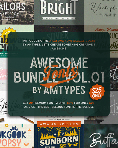 Awesome Font Bundle Vol.01 amtypes best deal branding bundle clean design display font font font bundle free font logo logotype old poster print retro rustic script font ui vintage