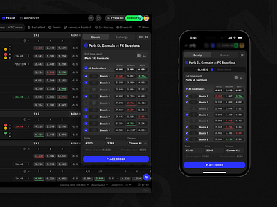 Mollybet: Trade betslip analytics app betslip betting bookmaker dark design desktop interface mobile modern neon product design sports sportsbook trading ui user interface ux web