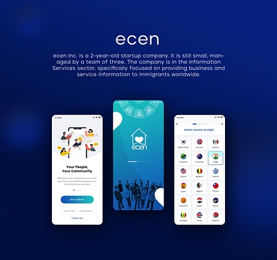 The app named "ecen" designed by Ansysoft adobe illustrator adobe photoshop brandawareness businessandserviceinformation contentmarketing customeracquisition customerretention digitalmarketing ecenincorp figma immigrantownedbusiness immigrantsaroundtheworld inboundmarketing mobile app newbusiness searchengineoptimization smallbusiness startuplife techstartup