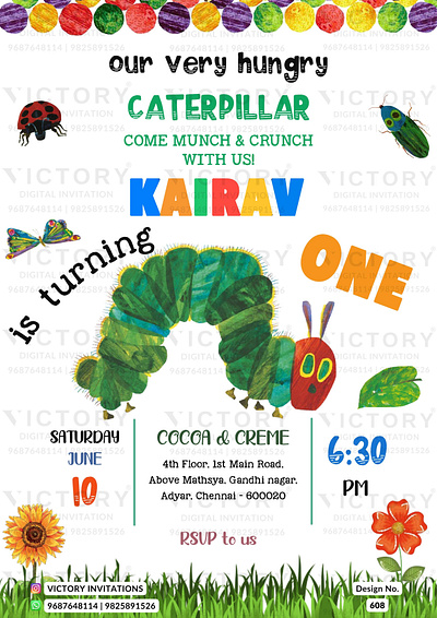 Birthday Party Invitation card in caterpillar theme 608 birthday graphic design illustration invitation motion graphics photoshop