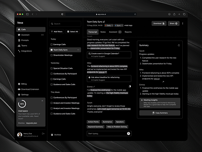 Vexa Meeting Assistant: Web App ai call copilot call recorder dark dark mode dashboard design meeting assistant minimal next summary transcription ux web app