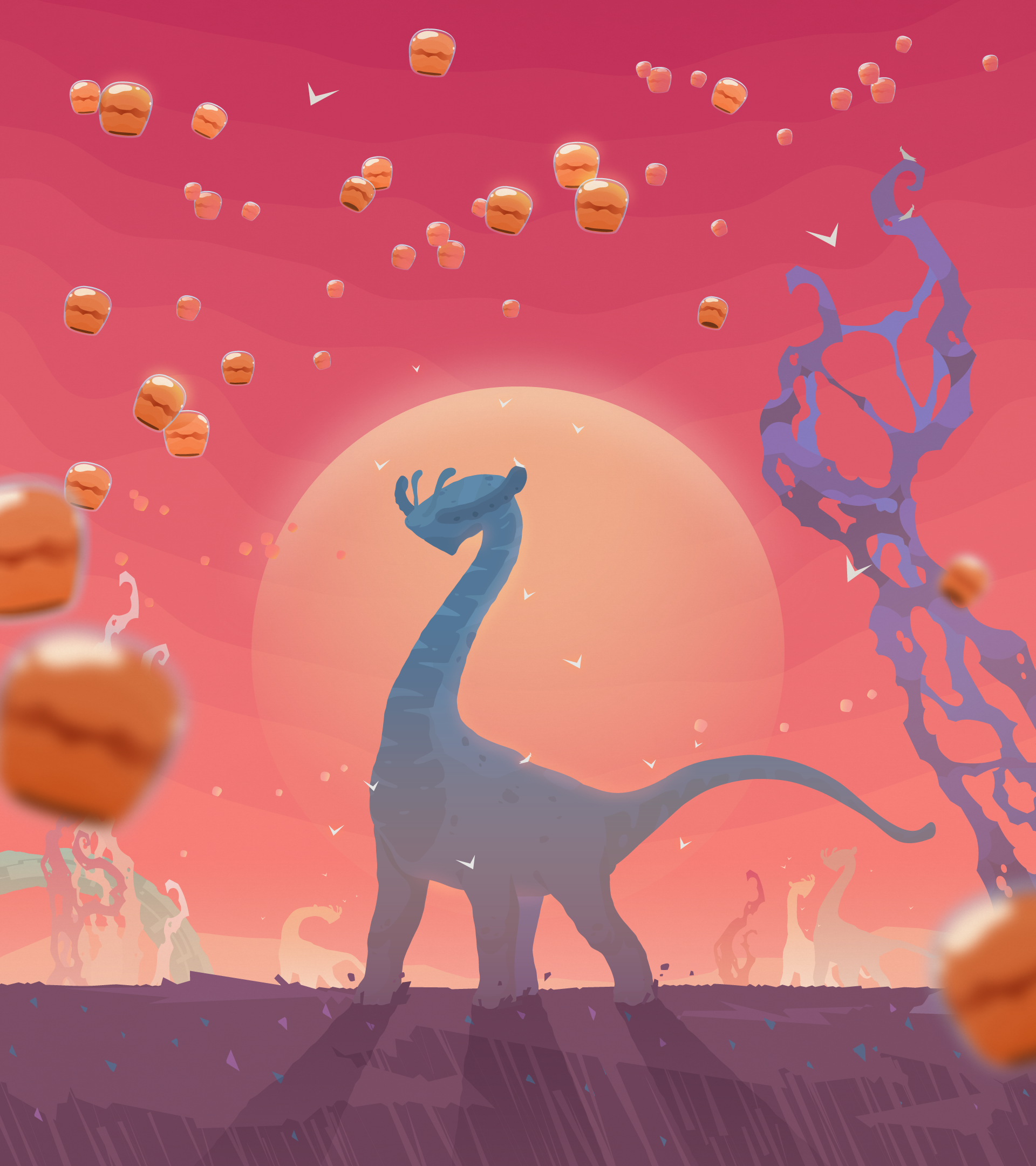 The Wandering Monoliths alien dino graphic design illustration scifi sunset vector