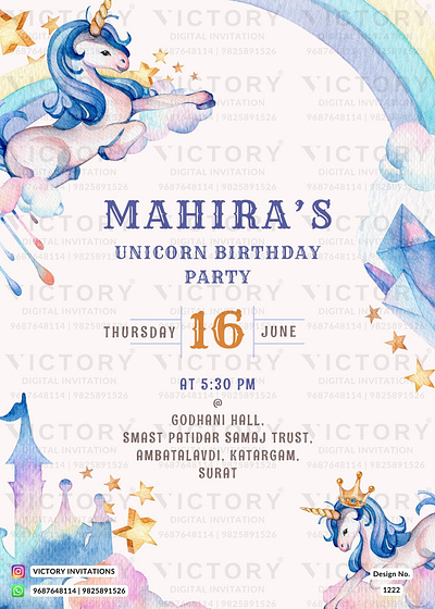 Birthday Party Invitation card in unicorn design 1222 birthday graphic design illustration invitation motion graphics photoshop