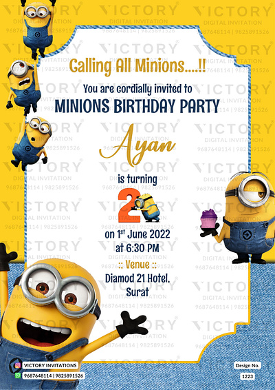 Birthday Party Invitation card in minions theme 1223 birthday graphic design illustration invitation motion graphics photoshop