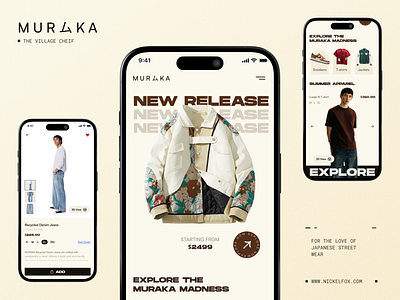 Muraka - A Japanese Style Street Fashion app asian clothing explore fashion glassmorphism japanese logo minimal minimalistic muraka product page soft colors street wear ui ux