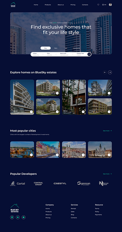 BlueSky estates - rent and purchase of real estate buy commercial design landing realestate rent sell site ui