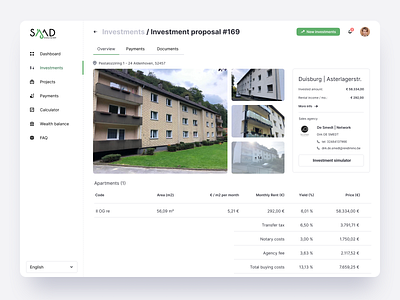 SAAD Investments part crm dashboard interface investment simulator real estate ui ux