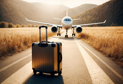 A suitcase on a runway awaiting the arrival of an airplane aigc artwork destination illustration vintage