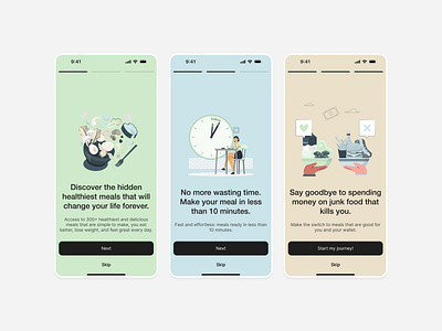 Onboarding Screens 📱🥗 app appdesign blue branding cleanui dailyui design figma food green illustration ios logo mealprep mealprepapp minimal onboarding ui ux veggies