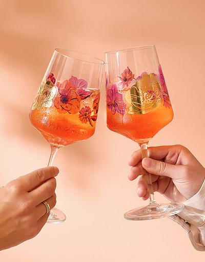 Floral artwork for Ritzenhoff Sommerrausch Deluxe artist series aperol spritz art artist series barware blossoms botanicals flowers glassware handmade human made illustration jordan kay nature ritzenhoff sommerrausch