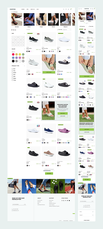 OOFOS PLP apparel atheletics clothing collection comfort commerce green luxury mobile product recovery running sandals shoe shop slippers teal ui ux web