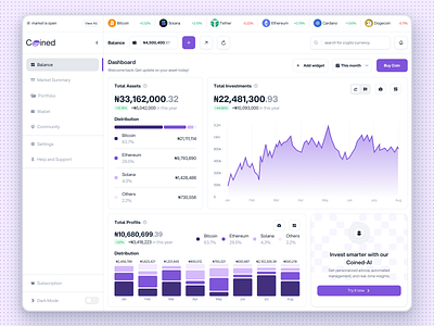 Cryptocurrency platform dashboard design app bitcoin branding chart cryptocurrency daily 100 challenge dailyui dailyuichallenge dashboard design logo project purple stats ui web