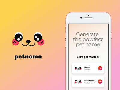 Petnomo – UX/UI for generative AI pet name mobile app 🐾 📱 ai app app design branding cat cute dog generativeai gradient mobile pets prototype ui ux