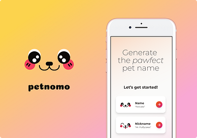 Petnomo – UX/UI for generative AI pet name mobile app 🐾 📱 ai app app design branding cat cute dog generativeai gradient mobile pets prototype ui ux