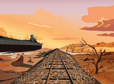 Train in the desert Battleship Brave Shine in the background desert illustration desert illustrations graphic design illustration illustrations minimalist illustration motion graphics seebeach illustration ship illustration train illustration trainline illustration