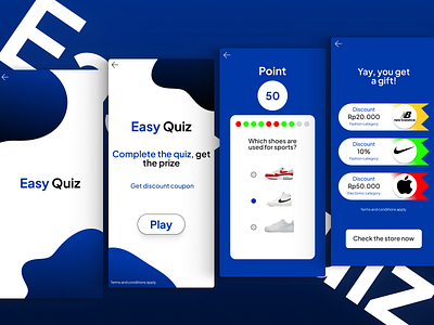 Gamification for an E-commerce Mobile App blue coupon coupon and discount discount e commerce easy quiz ecommerce ecommerce app fashion game gamification marketplace mobile mobile app quiz style ui ux win win game