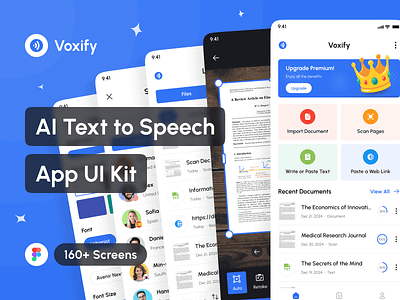 Voxify - AI Text to Speech App UI Kit ai ai text to speech app ai text to voice app ai voice generator app ai voice over app app app design application design design system figma interface mobile portfolio project template ui ui design ui kit uiux