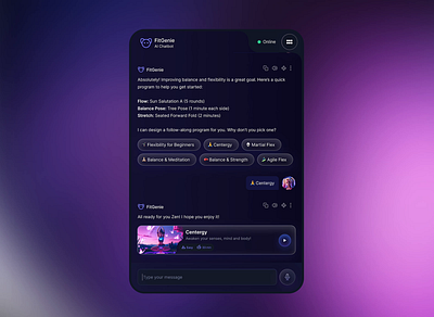 AI Chatbot for a Gamified Exercise & Training Platform ai animation avatar callout chat chatbot dragdrop figma gamified glassmorphism glow input field interface motion graphics neon scroll smart buttons streaming text tags ui