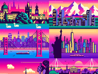 Pixel Cities for The Portfolio Night 2023 8bit architecture background cities city design games illustration neon pixel pixel art purple side scroller