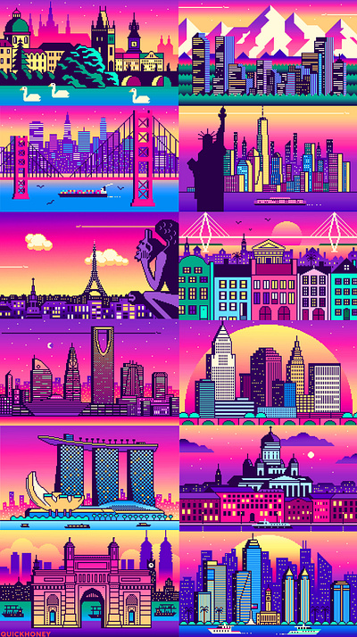 Pixel Cities for The Portfolio Night 2023 8bit architecture background cities city design games illustration neon pixel pixel art purple side scroller