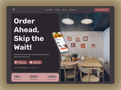 Food Booking App landing page Dark Mode Web Design UI UX black daily dailyui dailyuichallenge dark design download food framer hero section heros hot landing page mobile app landing page ordering product design responsive design ui ui ux web design website