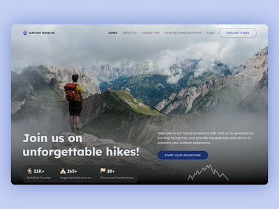 Hiking landing page Light Mode Web Design UI UX advanture blue daily dailyui dailyuichallange design framer hero section hiking landing page light mountains product design responsive design trips ui ui ux web design website white