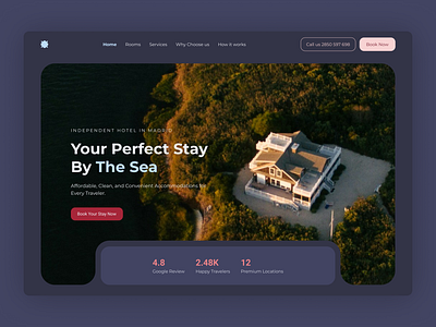 Hotel Booking landing page Dark Mode Web Design UI UX blue booking daily dailyui dailyuichallange dark design forrest framer grey hero section hotel independent hotel booking product design responsive design sea ui ui ux web design website design