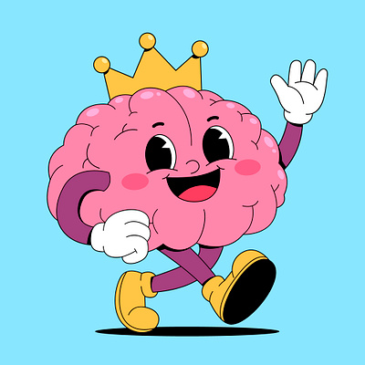 Cartoon walking brain with crown brain branding cartoon character colorful crown cute design graphic design illustration king logo mascot ui