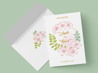 Floral Wedding Invitation Card and Envelope Save The Date Rustic boho bridal card ceremony decoration elegant envelope gold greeting invitation invite leaves marriage matrimonial nupital rose save the date watercolor wedding wedding invitation rustic