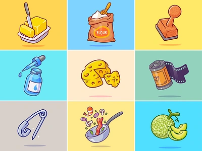 Random Things🧀🧷🎞️ branding butter cartoon cheese doodle flat flour food fruit icon illustration logo melon movie pipet roll film salad stamp stationery vegetable