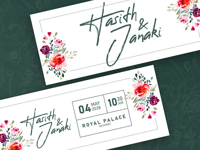 Wedding Ticket Design - Watercolor dark green flower graphic design invitation outline ticket tickets watercolor wedding white wide ticket