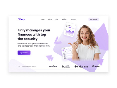 Finly - landing page dailyui design finance landing landing page managment ui ui design violet web design webdesign