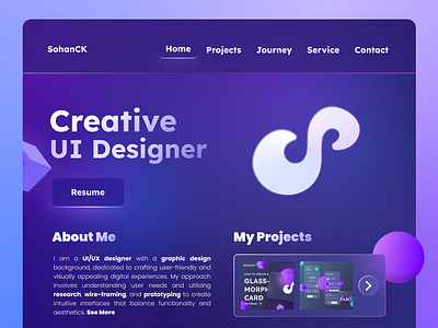 Glassmorphism Portfolio - #4 of #7daysofstyle 3d background blur buttons design figma glass glassmorph glassmorphism graphic design logo matt portfolio purple shapes sohan sohanck ui web ui website
