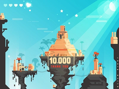 10000 Followers, Thank You Dribbblers! 2d board game children book city game illustration landscape video game village