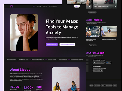 Moods - Anxiety Management Website anxiety relief calm mind community support digital experience digital health digital wellness health app meditation mental health mental health app mental health support mental wellbeing mindfulness mindfulness app online therapy self care stress management therapy tools wellbeing wellness design