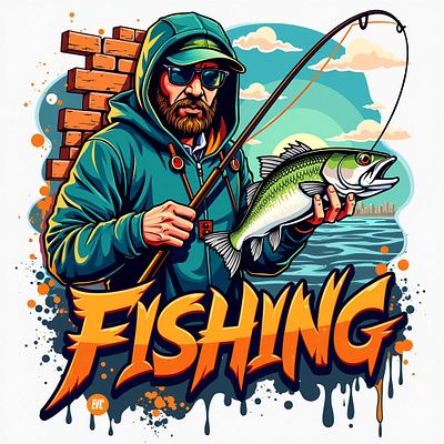 Fishing Graffiti style T-Shirt Design 2d branding design digital art fish fishing graphic design illustration t shirt t shirt design ui vector